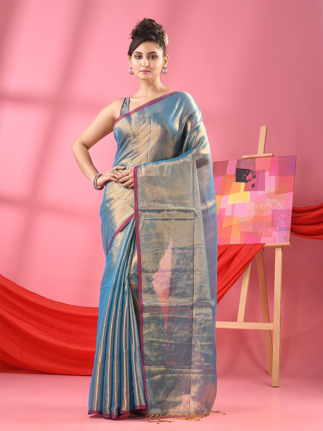 

Angoshobha Cotton Zari Tissue Saree, Turquoise blue