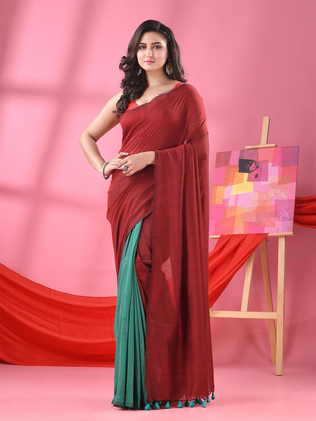 

Angoshobha Mulmul Cotton Half and Half Saree, Maroon