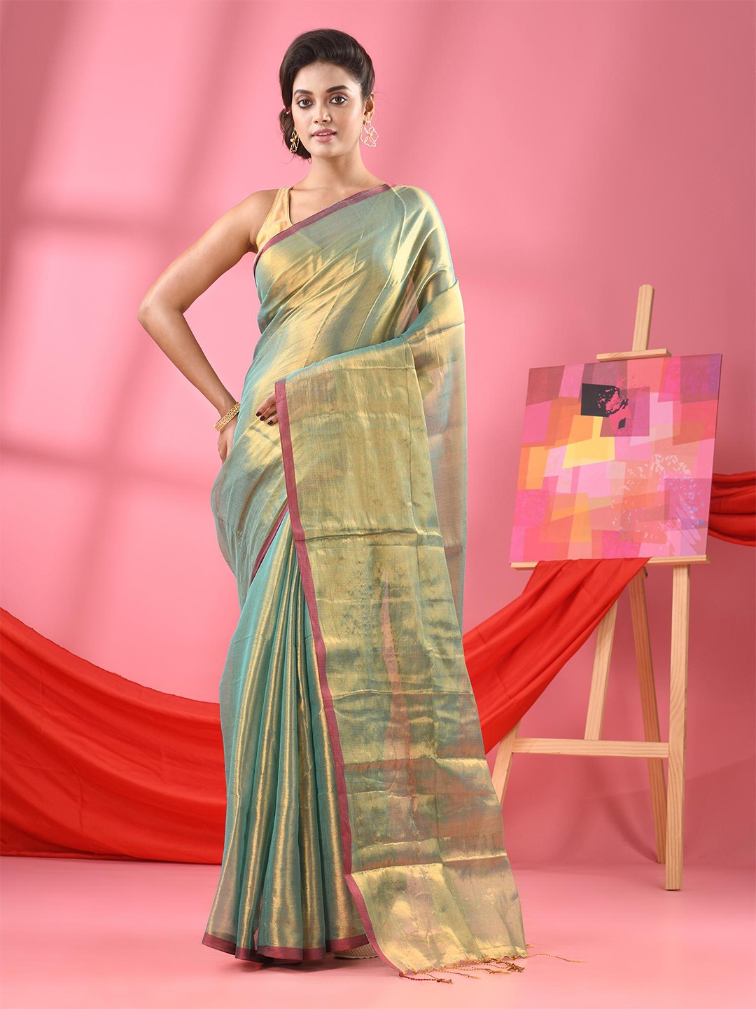 

Angoshobha Cotton Zari Tissue Saree, Blue