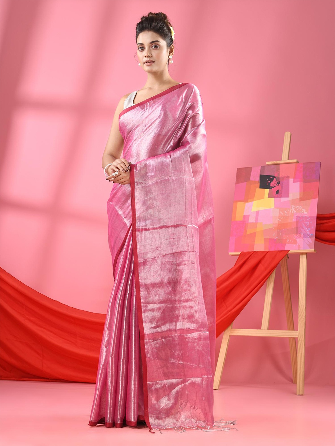 

Angoshobha Zari Cotton Tissue Saree, Pink