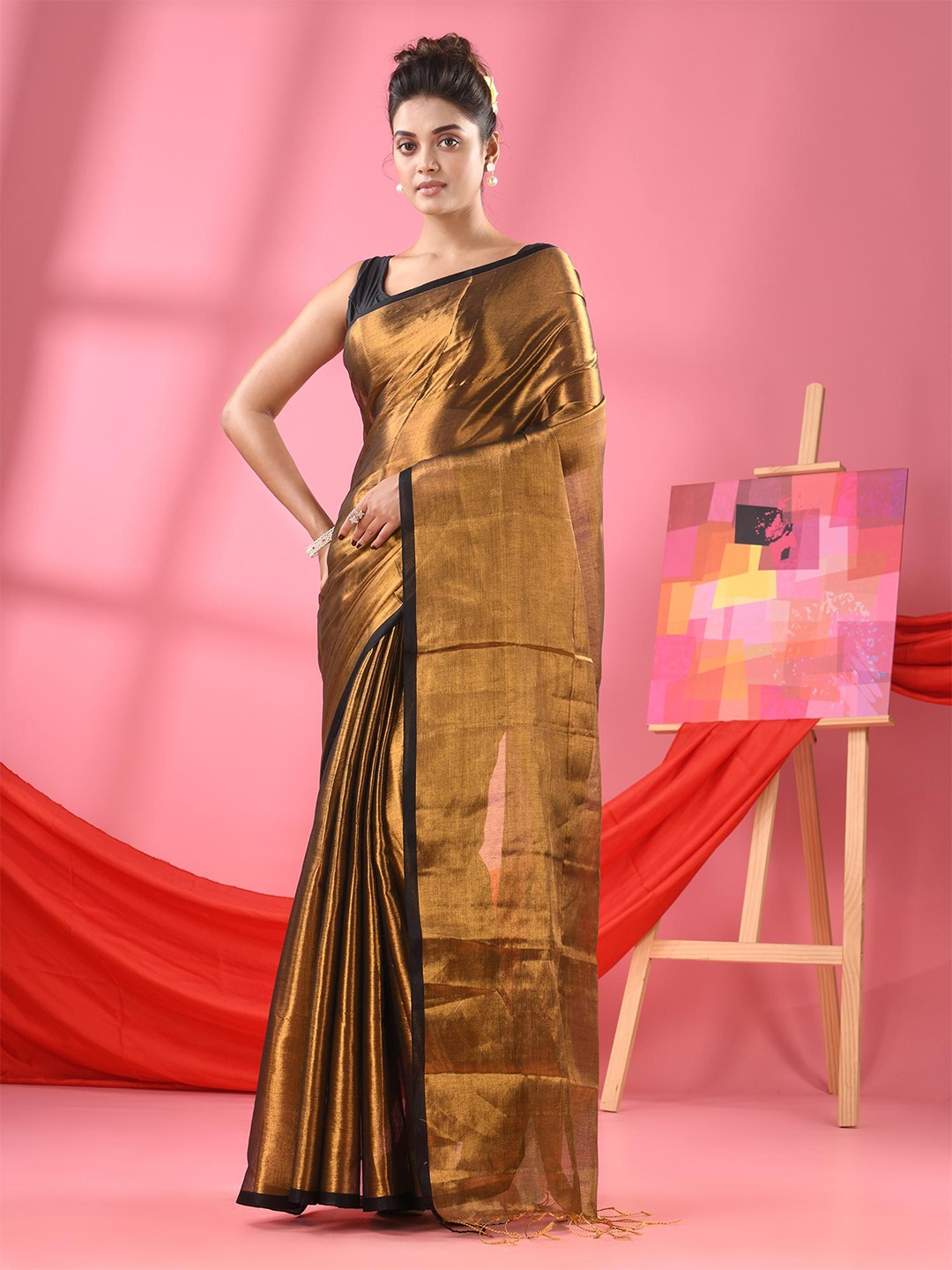 

Angoshobha Zari Cotton Tissue Saree, Copper