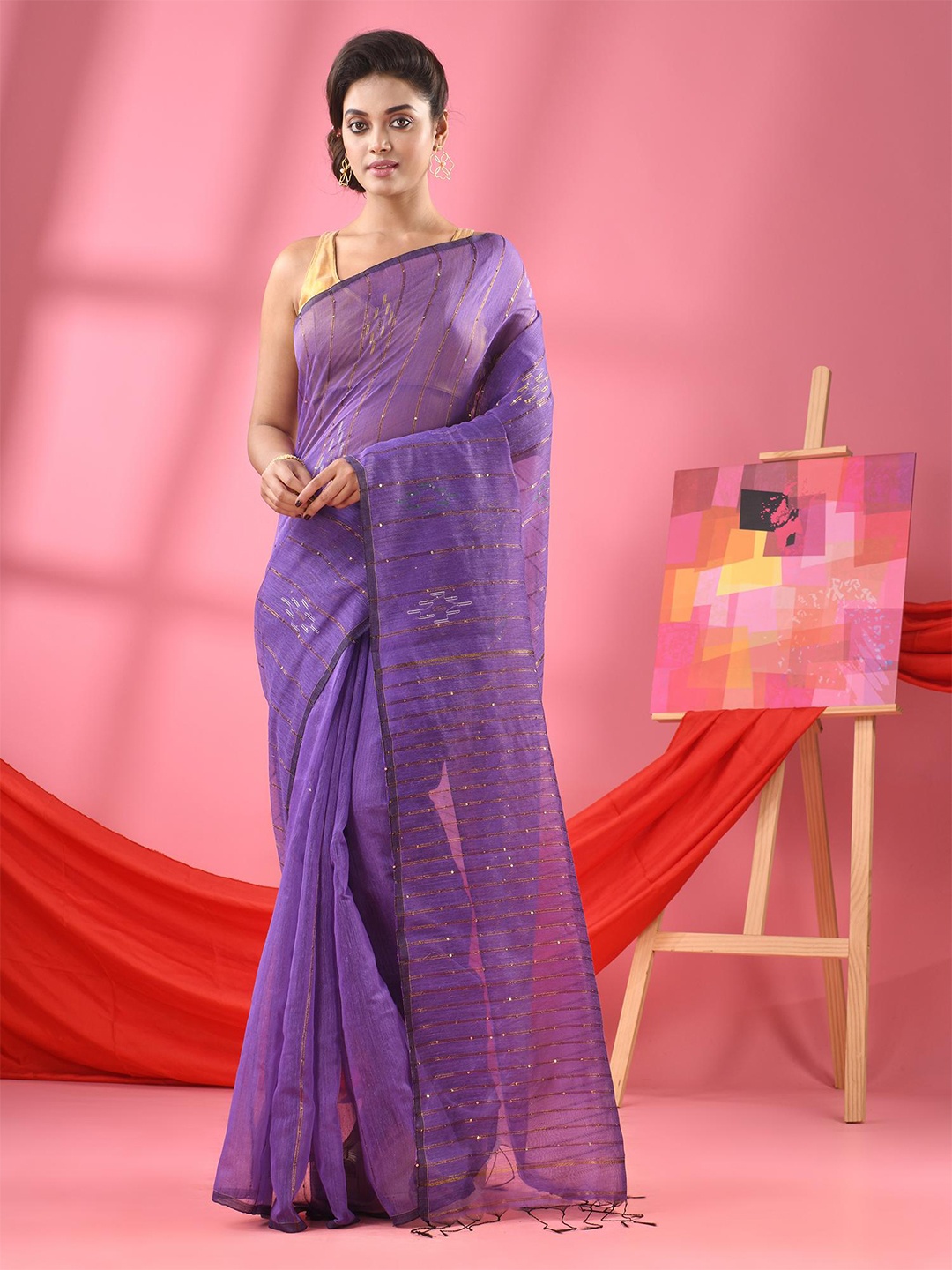 

Angoshobha Striped Sequined Saree, Purple