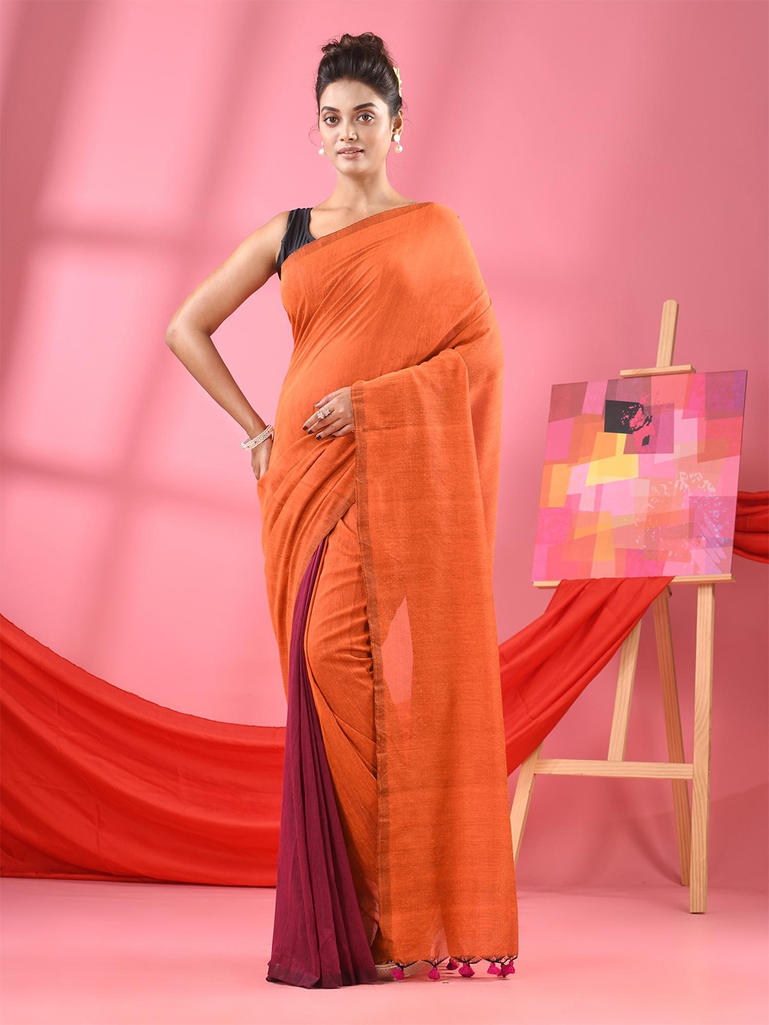 

Angoshobha Colourblocked Pure Cotton Half and Half Saree, Orange