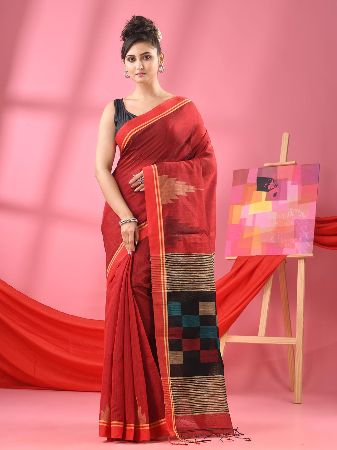 

Angoshobha Ethnic Motifs Woven Designed Zari Saree, Red