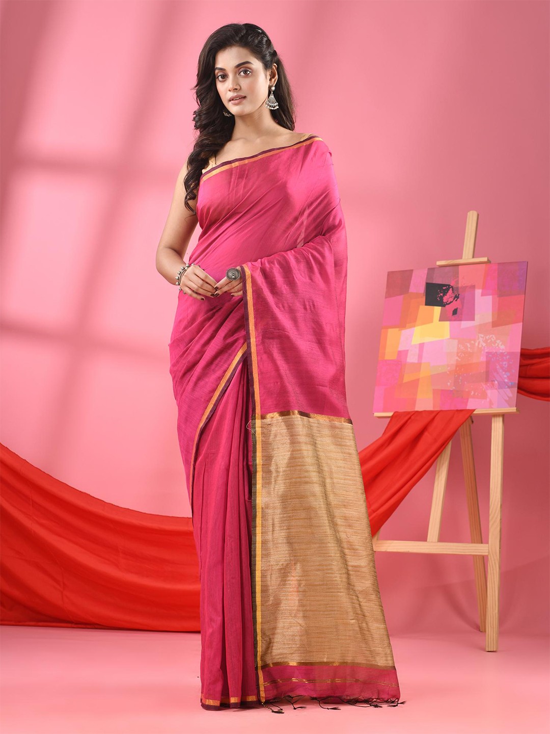 

Angoshobha Ethnic Zari Border Saree, Pink
