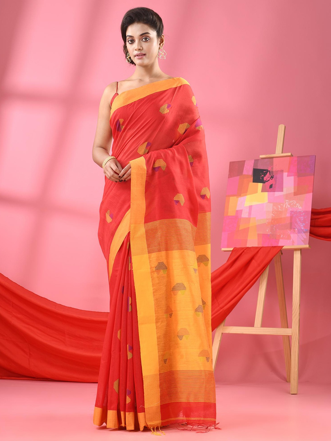 

Angoshobha Geometric Woven Design Saree, Red