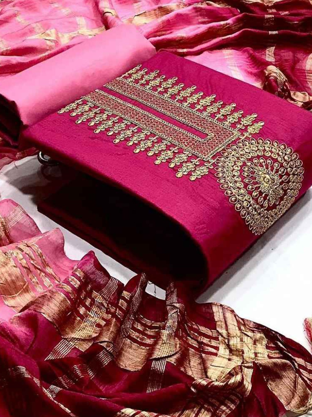 

faxofab Embroidered Unstitched Dress Material, Pink