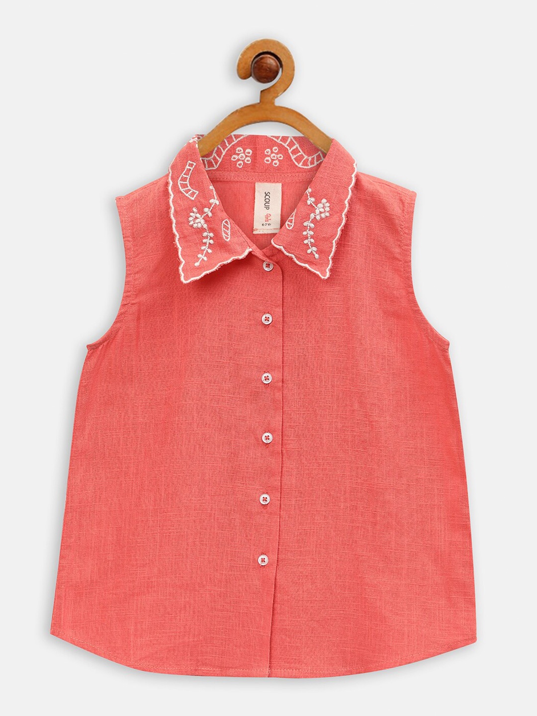 

SCOUP Sleveeless embroidered Shirt collor cotton Shirt Style Top, Orange