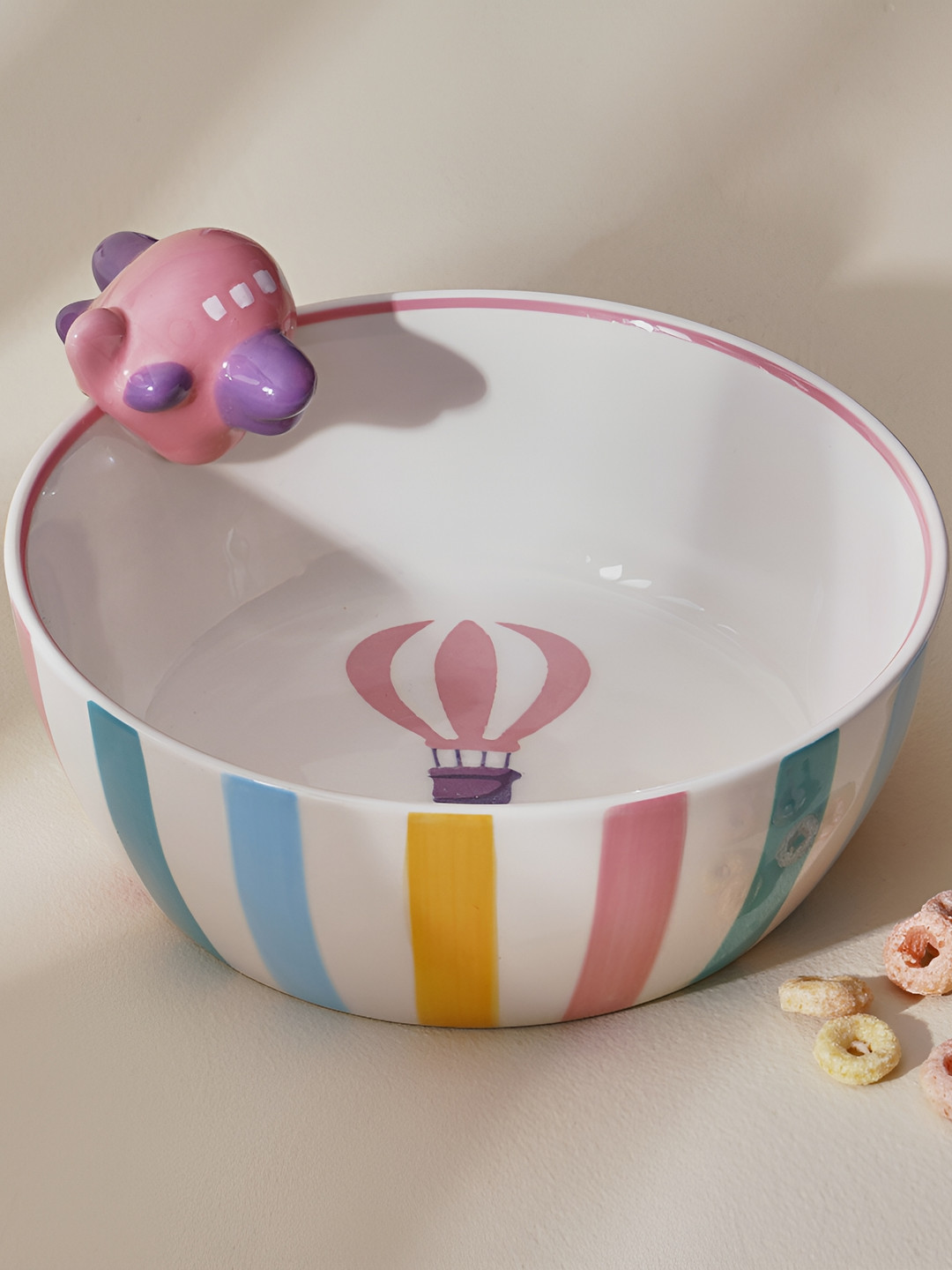 

Home Centre White & Pink Stoneware Easy to Clean Striped Cereal Bowl 530ml