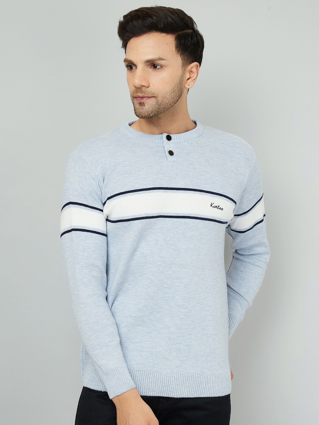 

KVETOO Striped High Neck Acrylic Pullover Sweater, Blue
