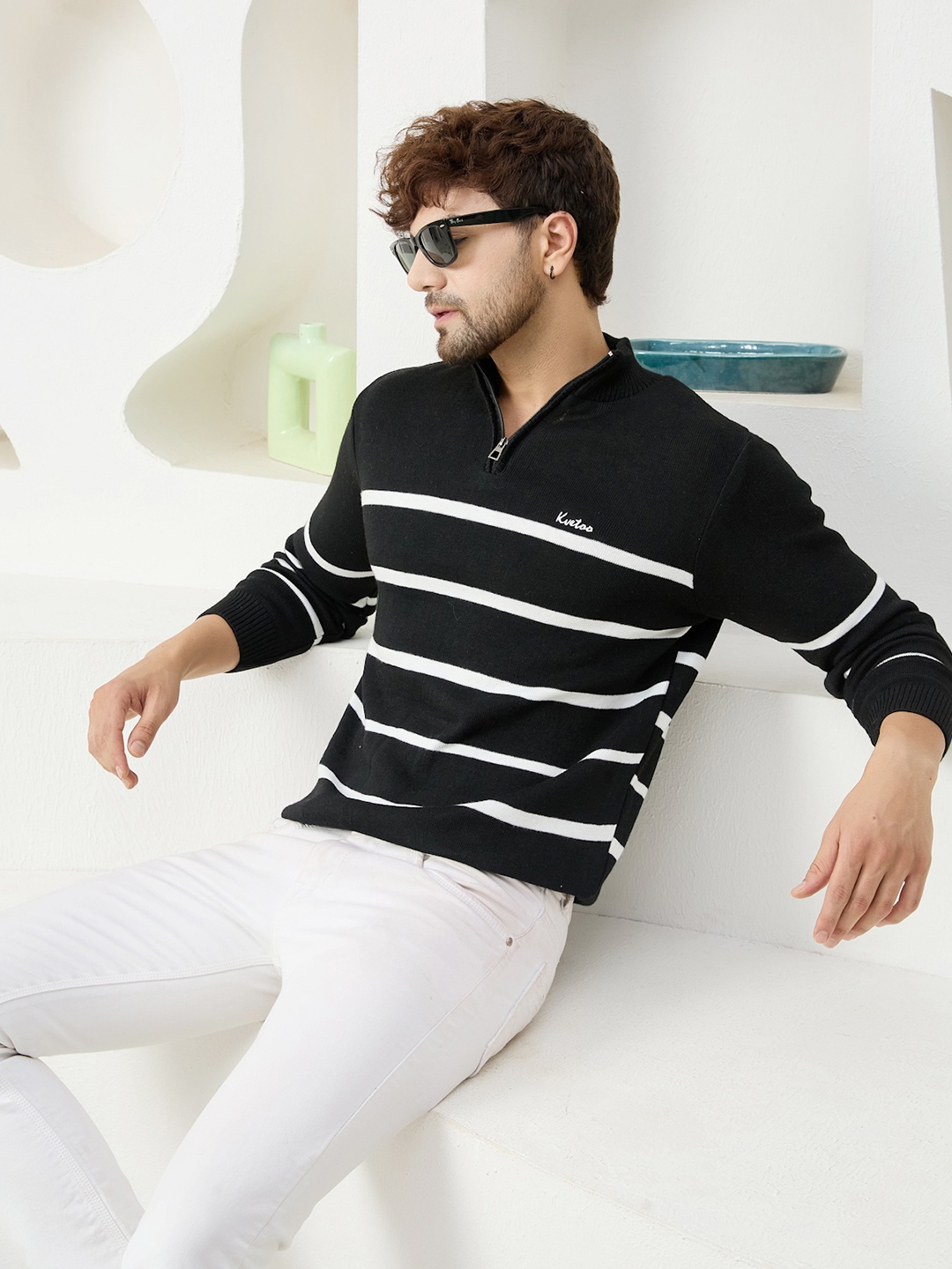 

KVETOO Striped Turtle Neck Acrylic Half Zipper Pullover Sweater, Black