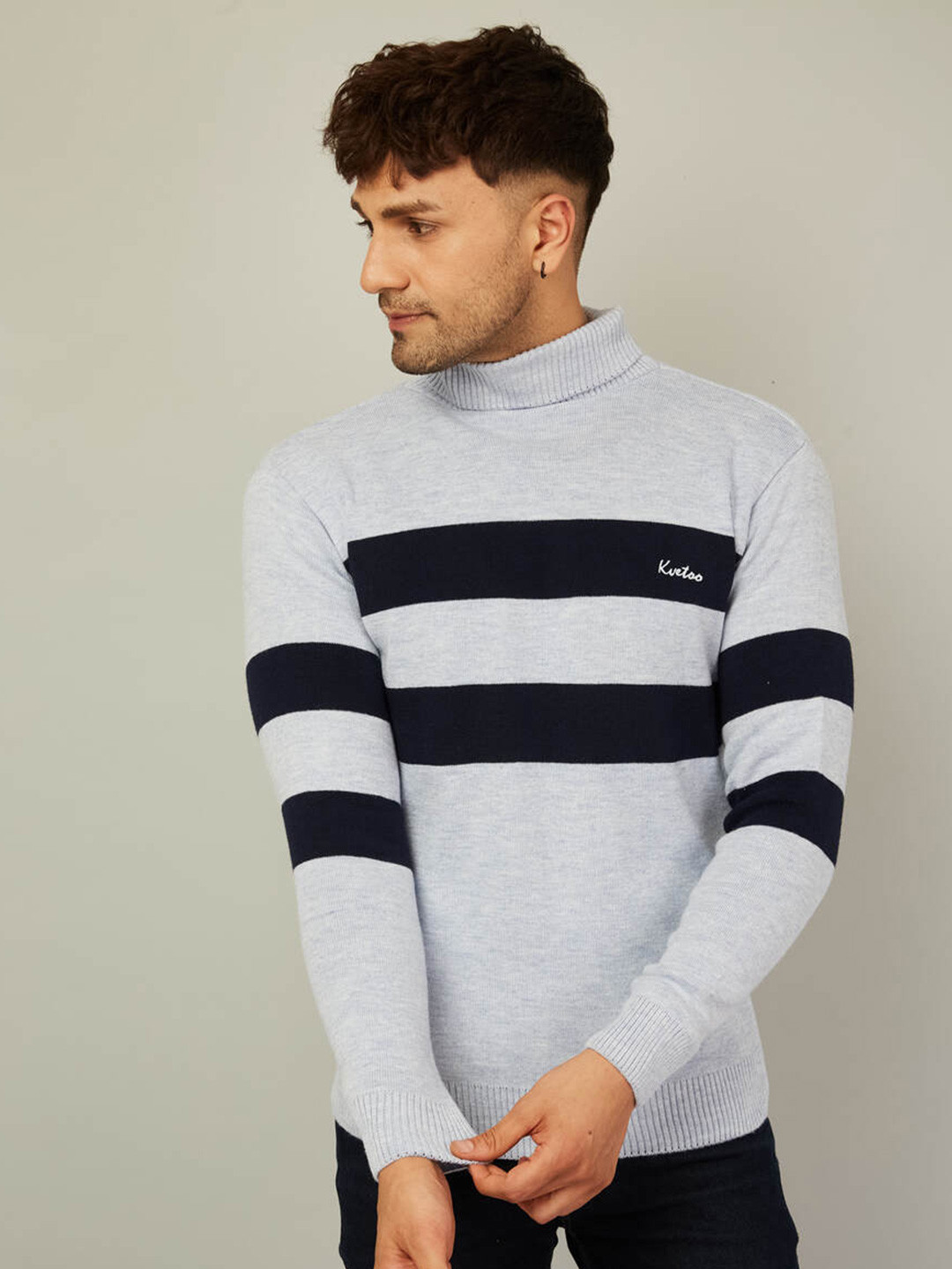 

KVETOO Striped Turtle Neck Acrylic Pullover Sweater, Blue