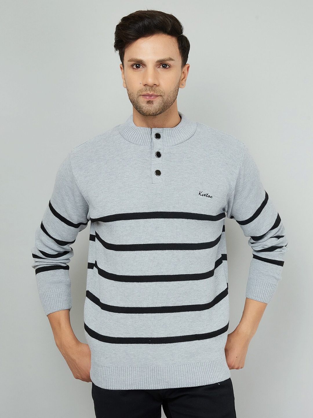 

KVETOO Striped Turtle Neck Acrylic Pullover Sweater, Grey