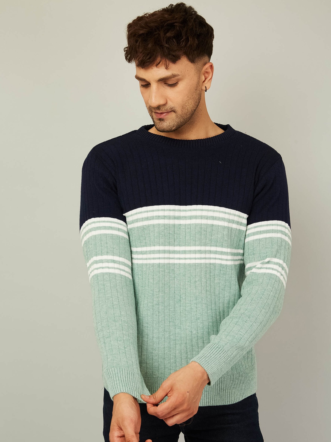 

KVETOO Striped Round Neck Acrylic Pullover Sweater, Sea green