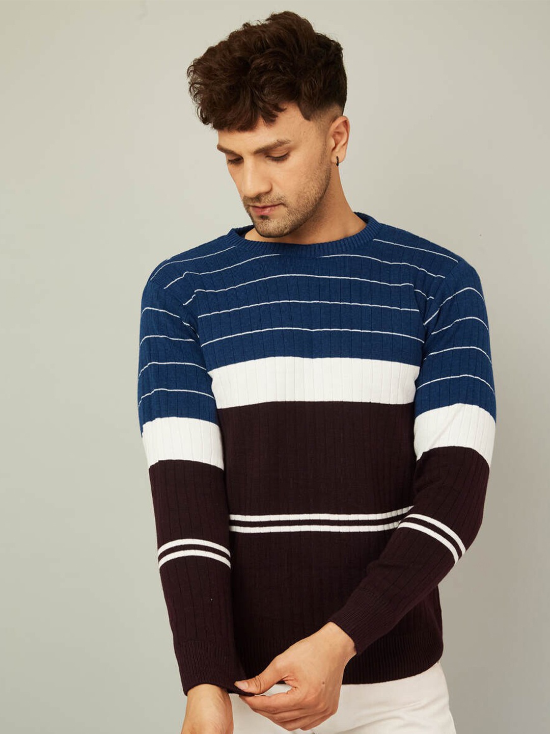 

KVETOO Striped Round Neck Acrylic Pullover Sweater, Blue