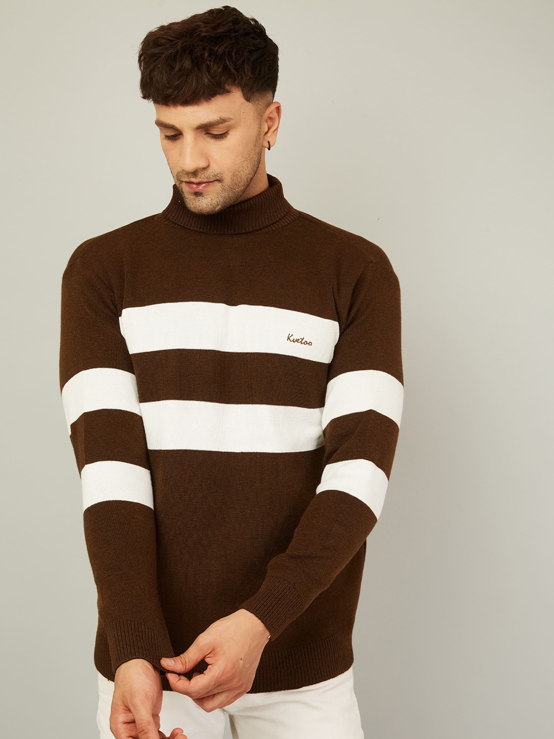 

KVETOO Striped Turtle Neck Acrylic Pullover Sweater, Brown
