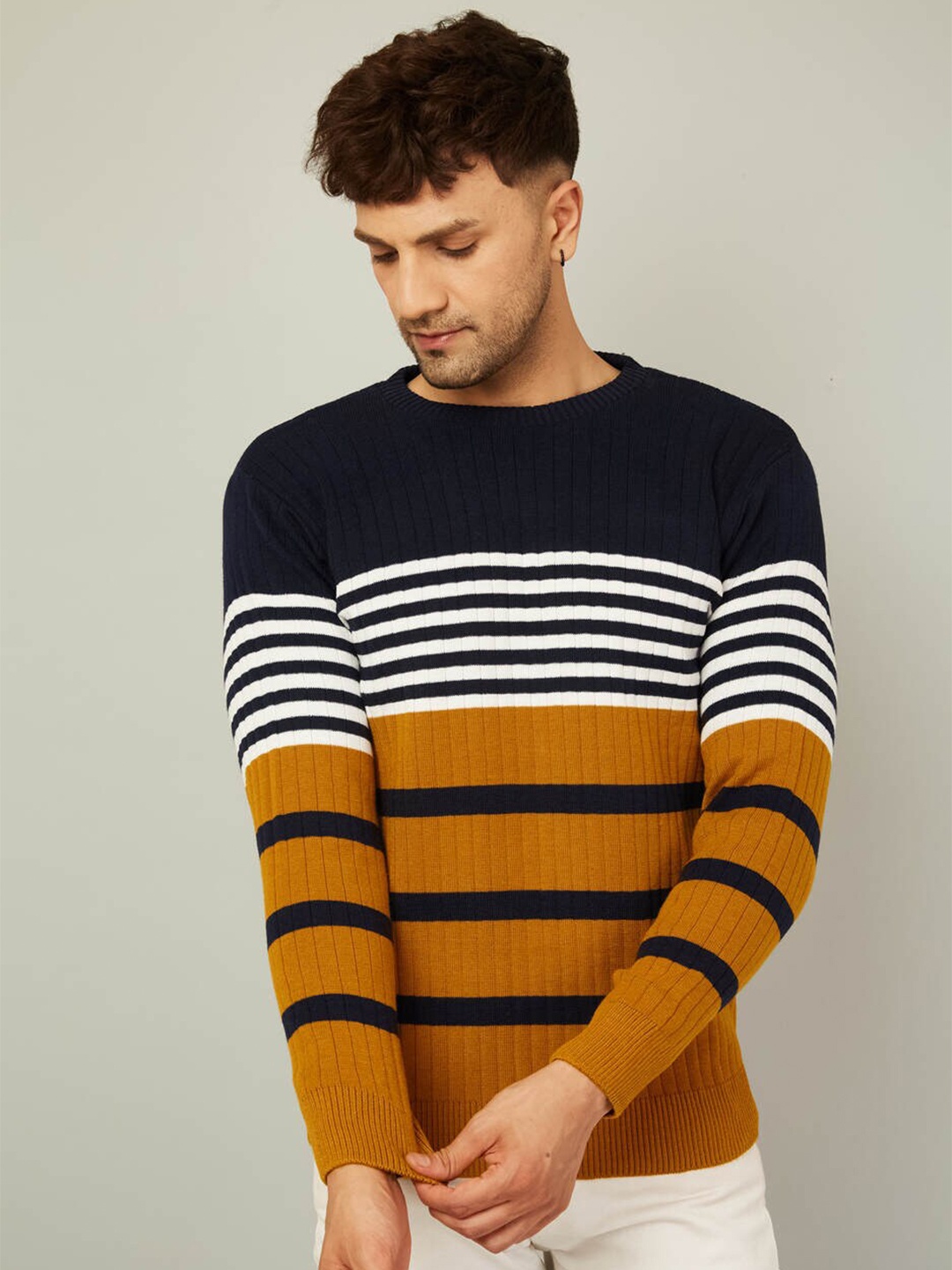

KVETOO Striped Round Neck Acrylic Pullover Sweater, Yellow