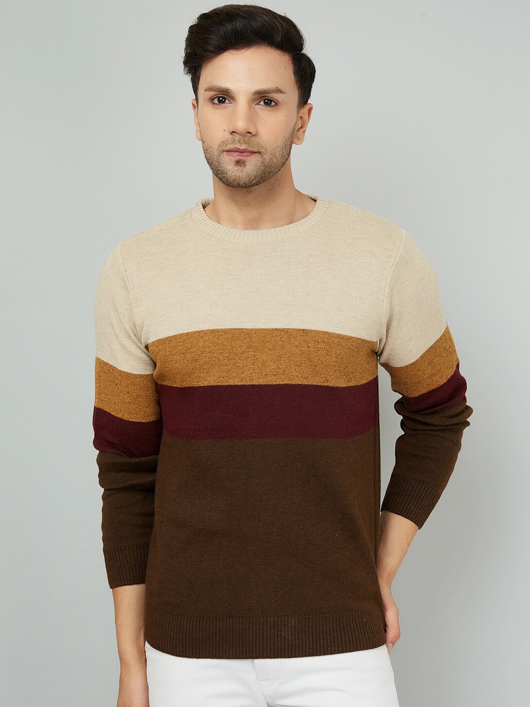 

KVETOO Colourblocked Round Neck Acrylic Pullover Sweater, Cream