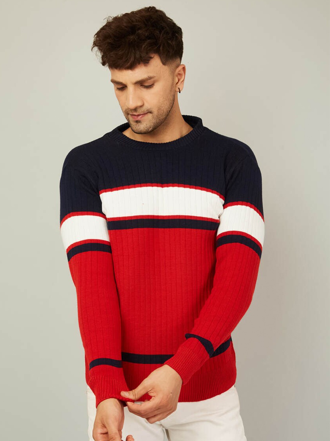 

KVETOO Colourblocked Round Neck Acrylic Pullover Sweater, Red