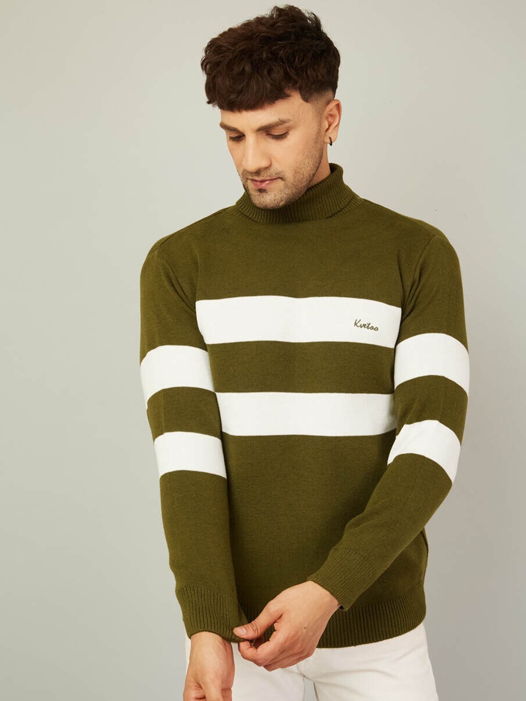 

KVETOO Striped Turtle Neck Acrylic Pullover Sweater, Olive