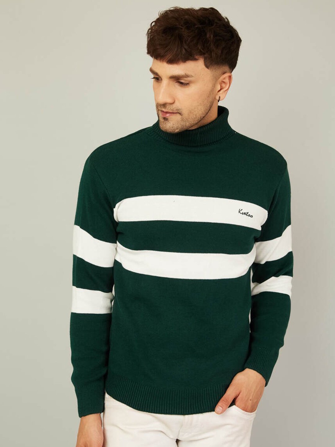 

KVETOO Striped Turtle Neck Acrylic Pullover Sweater, Green