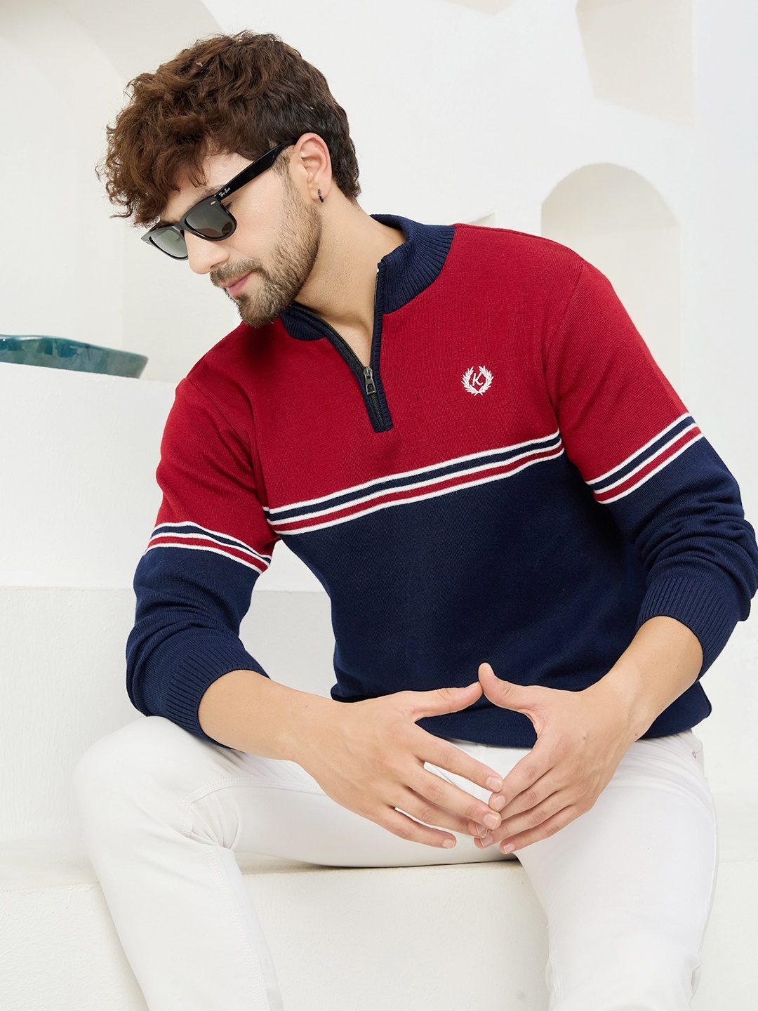 

KVETOO Striped Turtle Neck Acrylic Half Zipper Pullover Sweater, Red