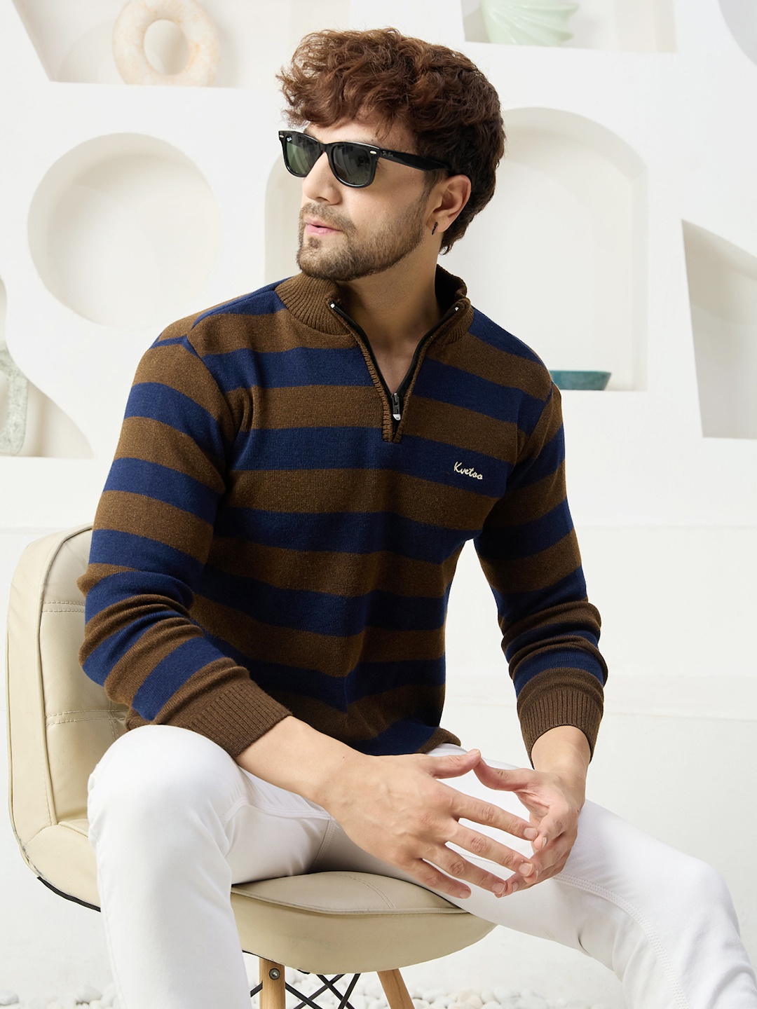 

KVETOO Striped Turtle Neck Acrylic Half Zipper Pullover Sweater, Olive