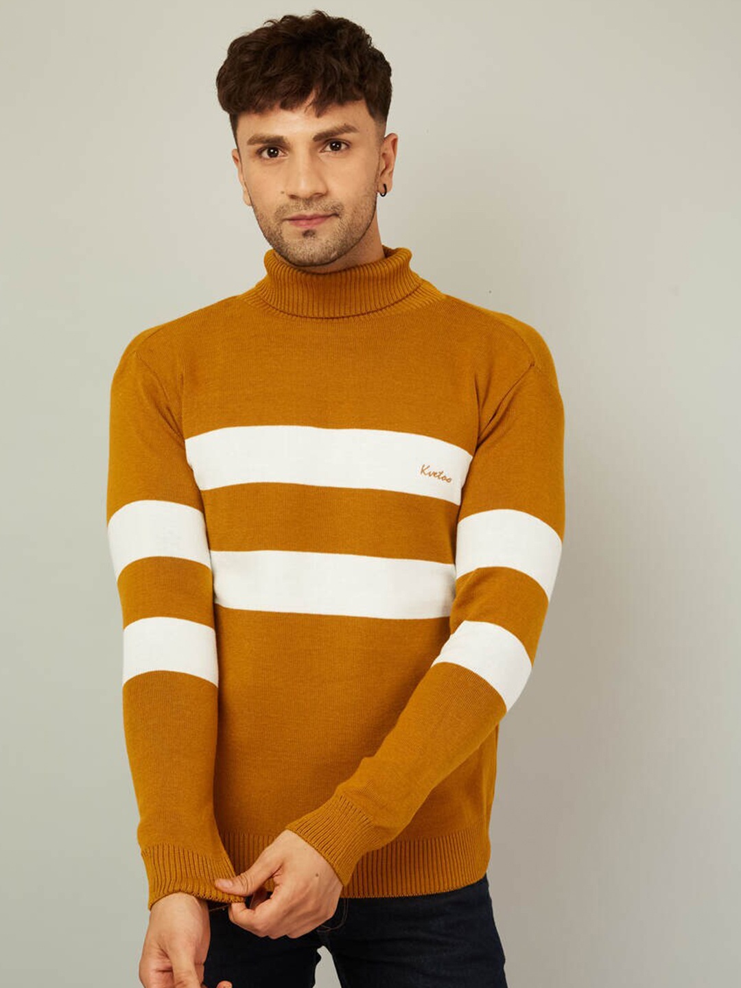 

KVETOO Striped Turtle Neck Acrylic Pullover Sweater, Yellow