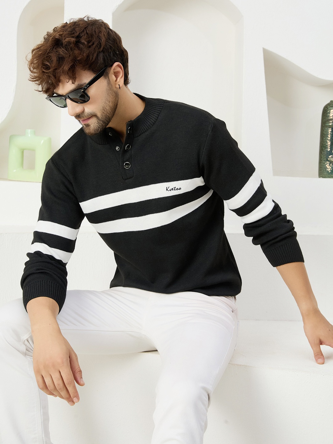 

KVETOO Striped High Neck Acrylic Pullover Sweater, Black