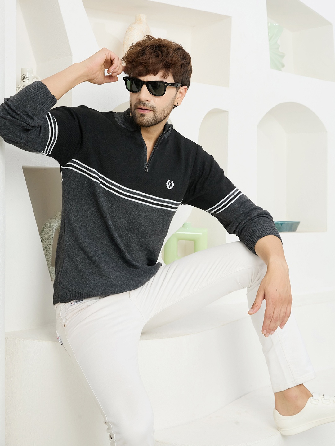 

KVETOO Striped Turtle Neck Half Zipper Acrylic Pullover Sweater, Grey