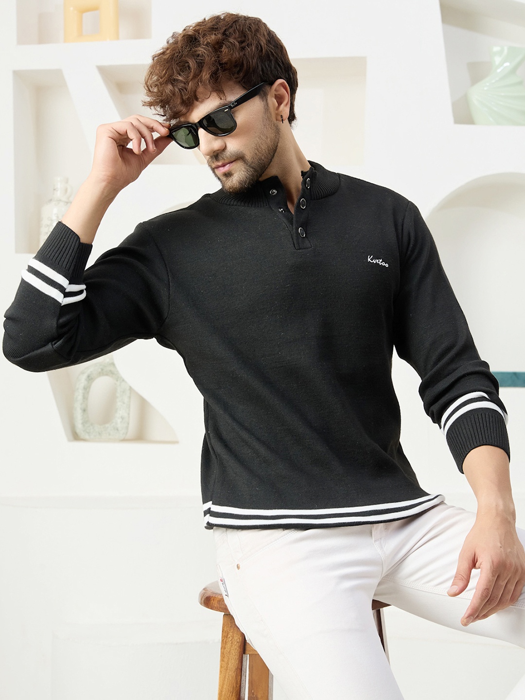 

KVETOO Striped Turtle Neck Acrylic Pullover Sweater, Black