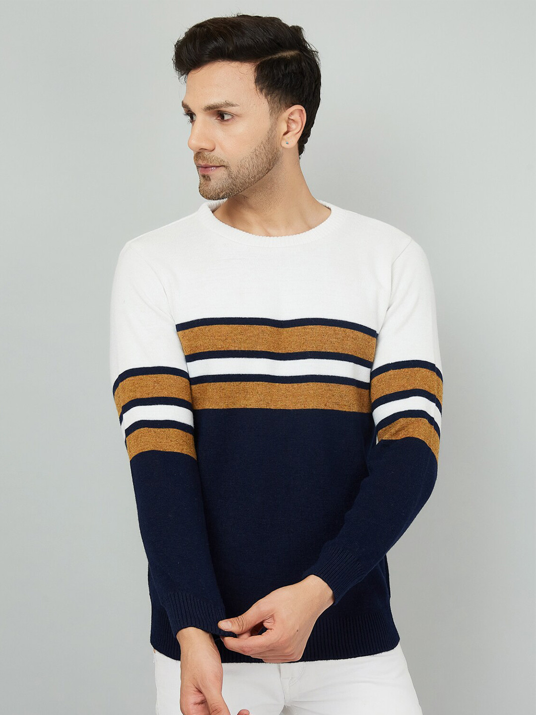 

KVETOO Striped Round Neck Acrylic Pullover Sweater, White