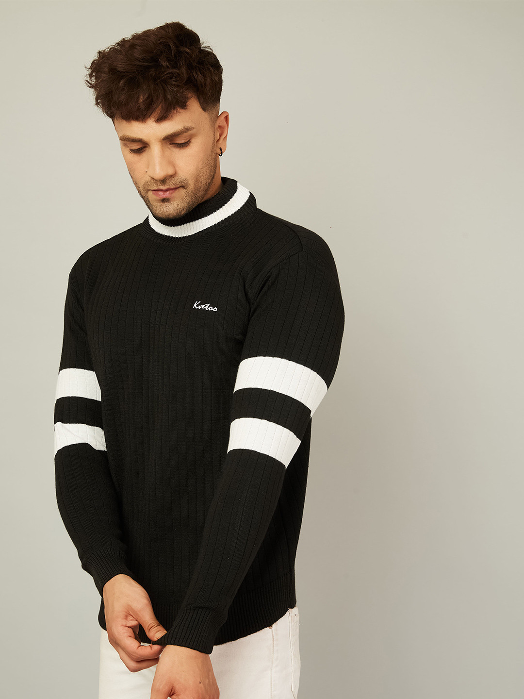 

KVETOO Striped Turtle Neck Acrylic Pullover Sweater, Black