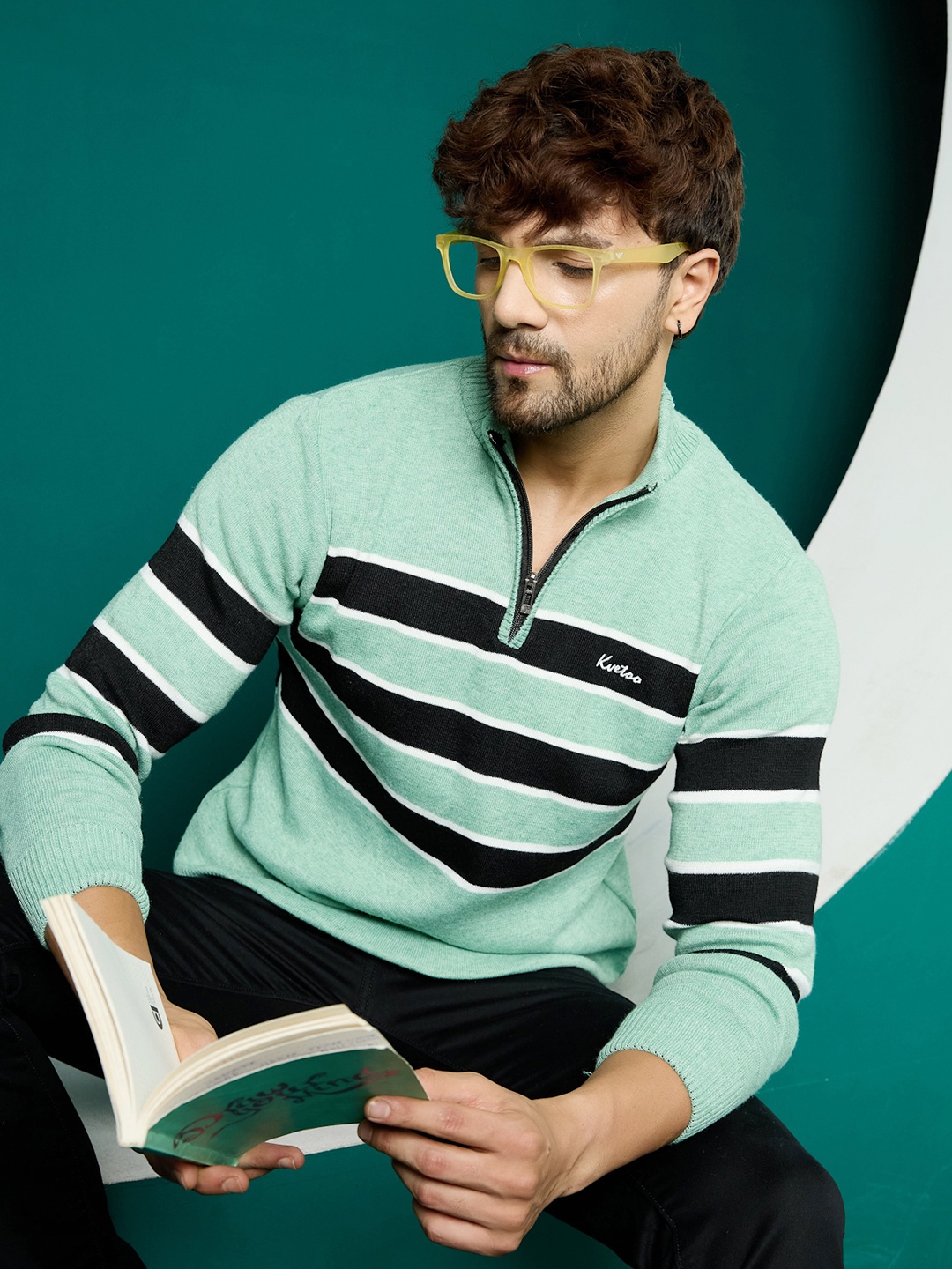 

KVETOO Striped Turtle Neck Half Zipper Acrylic Pullover Sweater, Sea green