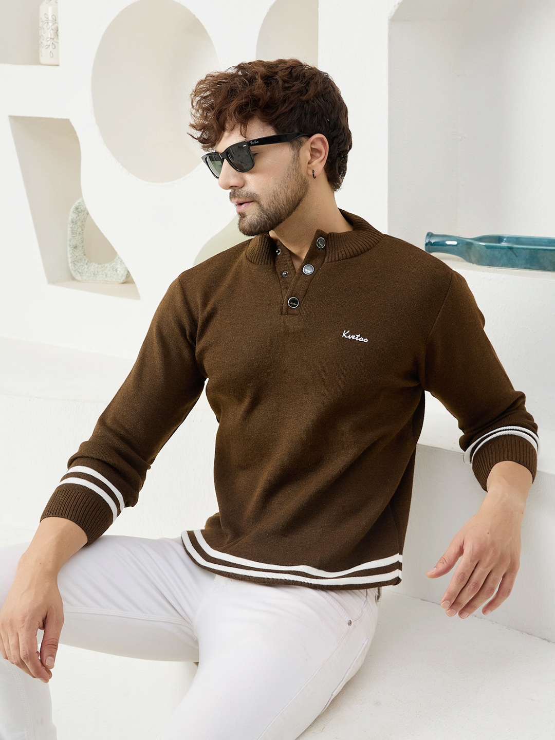 

KVETOO Striped Turtle Neck Acrylic Pullover Sweater, Brown