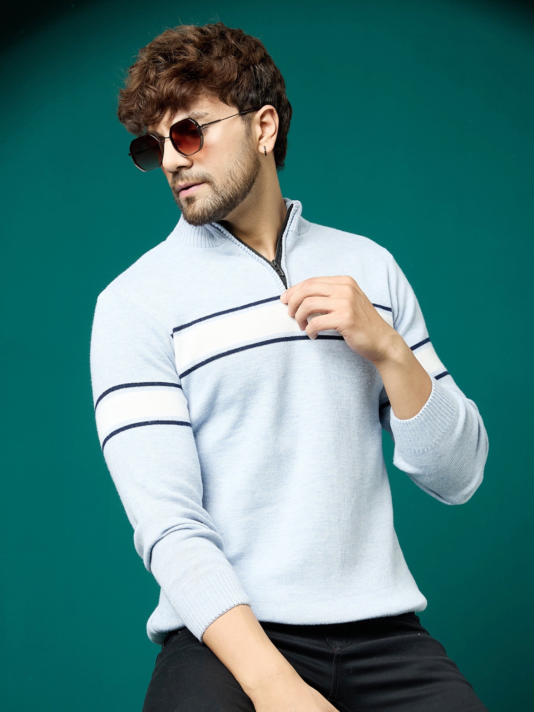 

KVETOO Striped Turtle Neck Half Zipper Acrylic Pullover Sweater, Blue