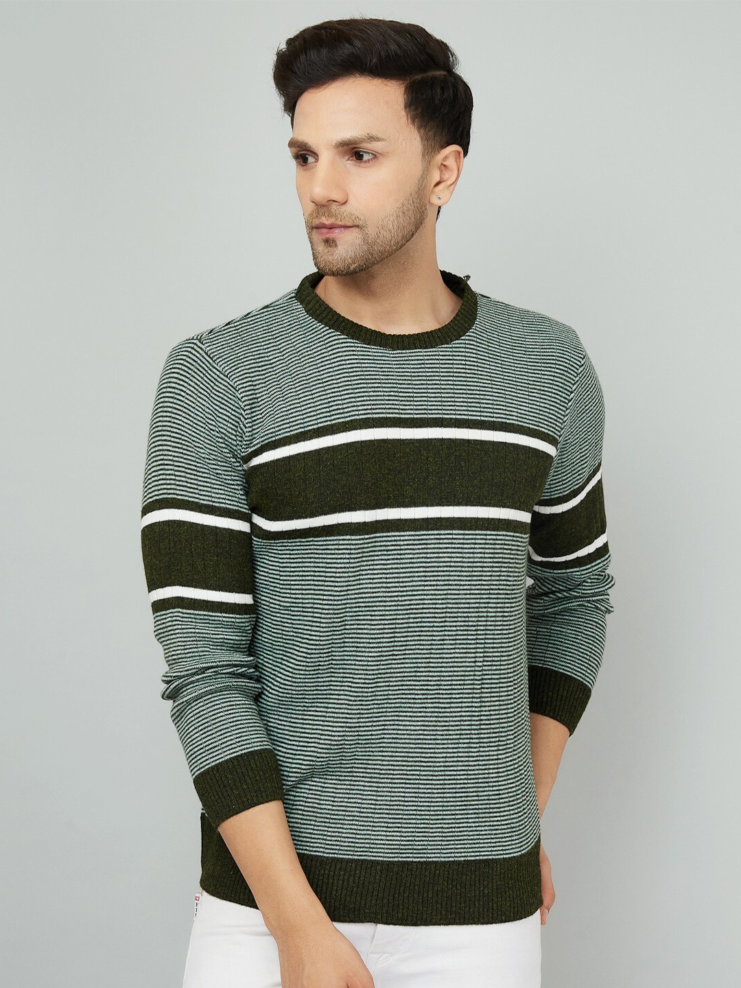 

KVETOO Striped Round Neck Acrylic Pullover Sweater, Olive