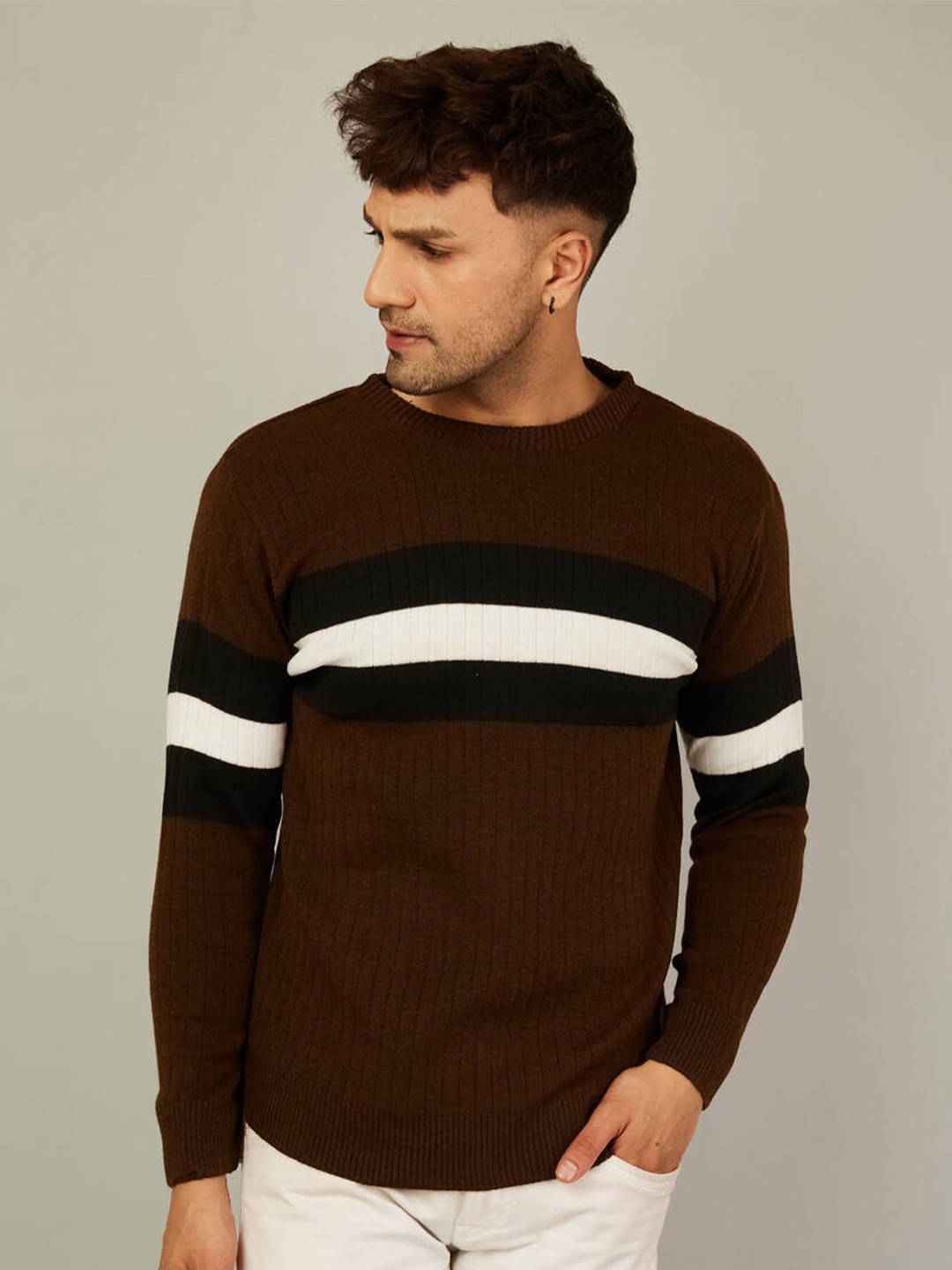 

KVETOO Striped Round Neck Acrylic Pullover Sweater, Brown