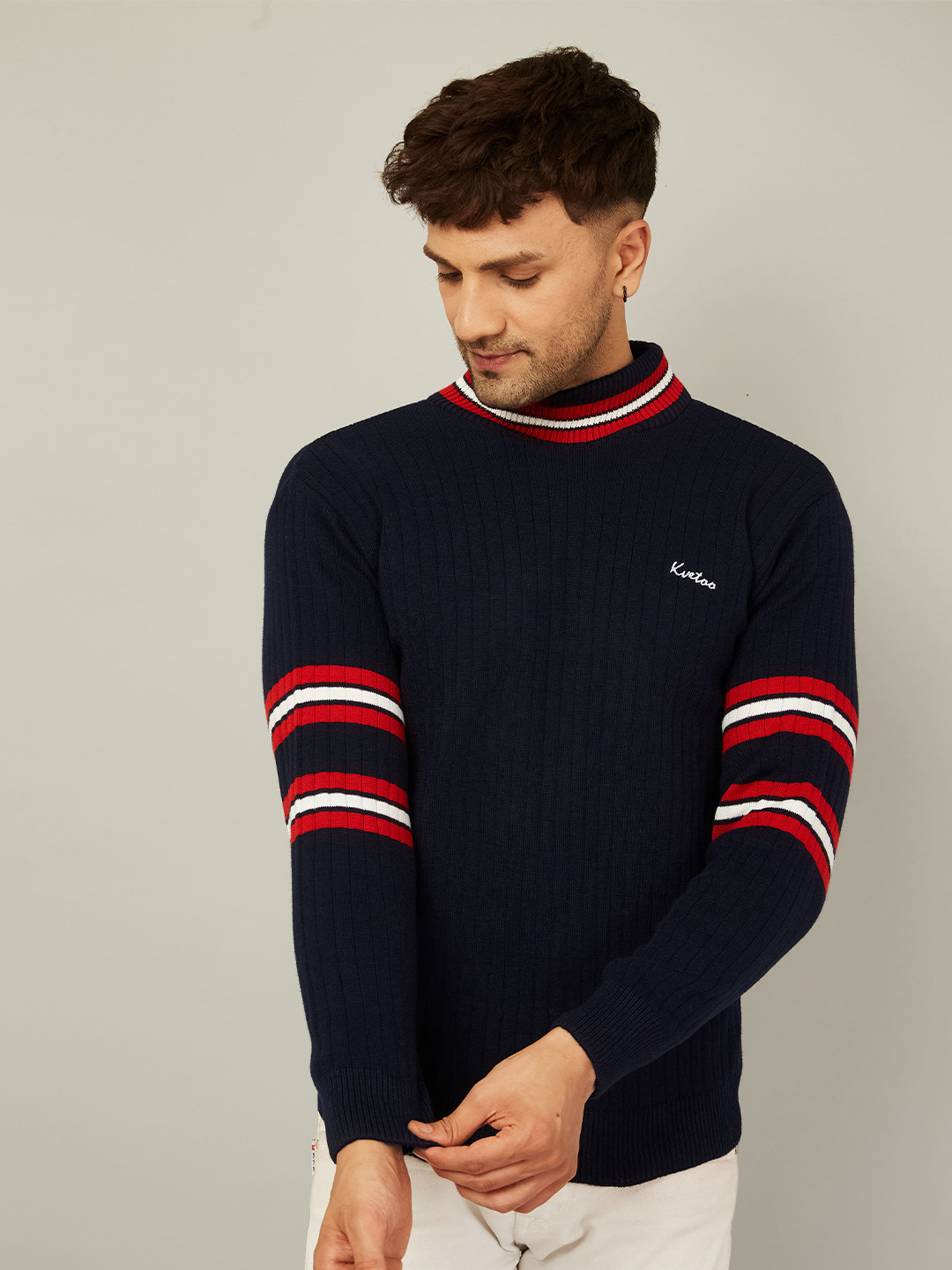 

KVETOO Striped Turtle Neck Acrylic Pullover Sweater, Navy blue