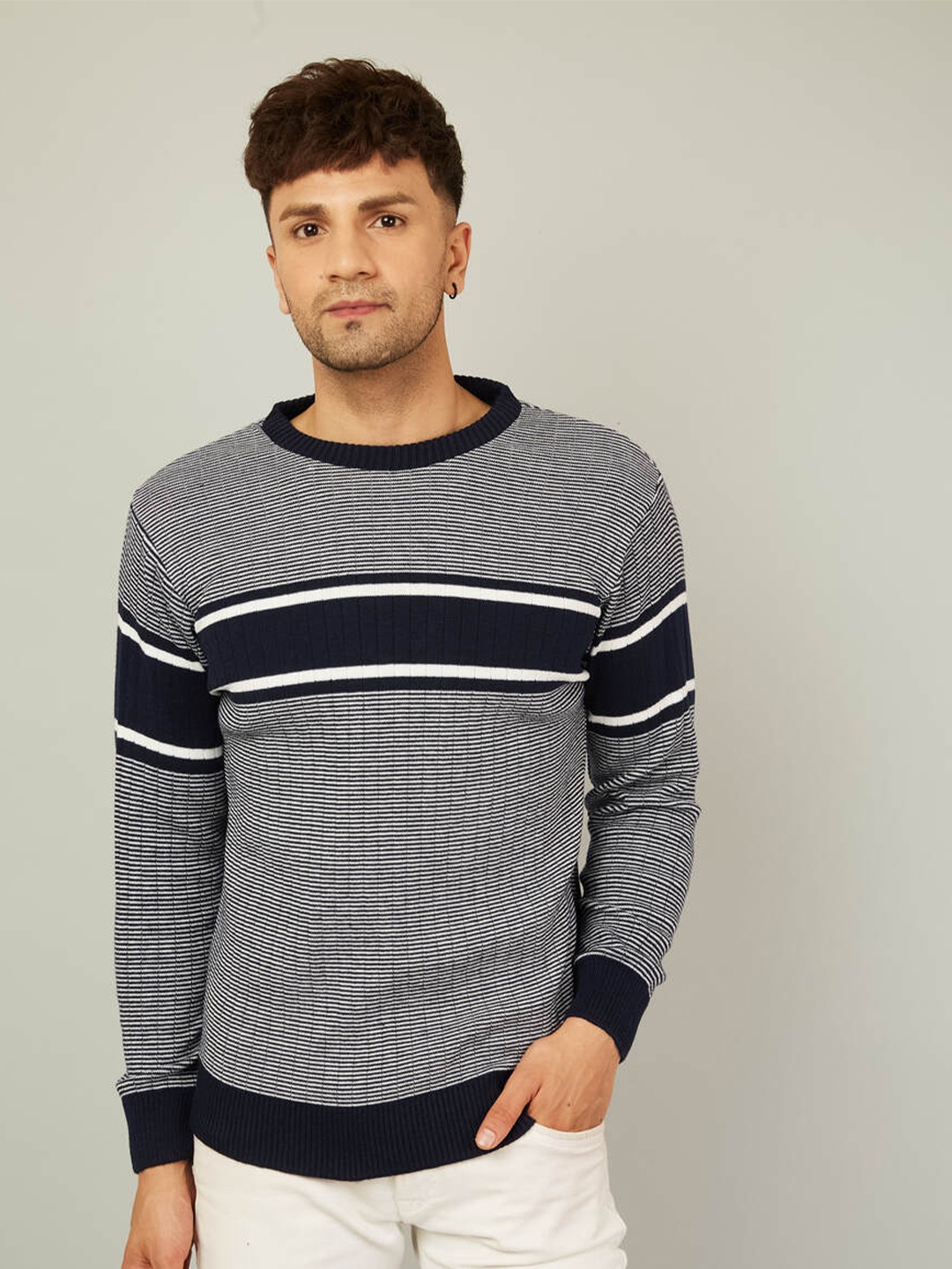 

KVETOO Striped Round Neck Acrylic Pullover Sweater, Navy blue