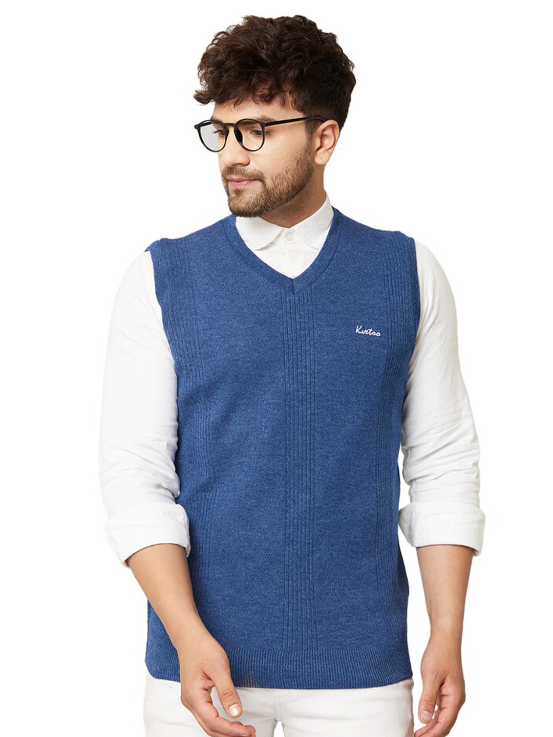 

KVETOO Striped Self Design Acrylic Sweater Vest, Blue