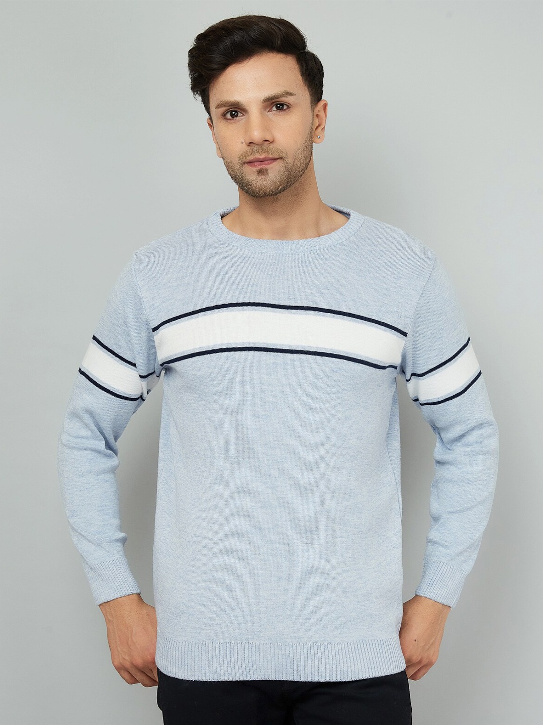 

KVETOO Striped Round Neck Acrylic Pullover Sweater, Blue