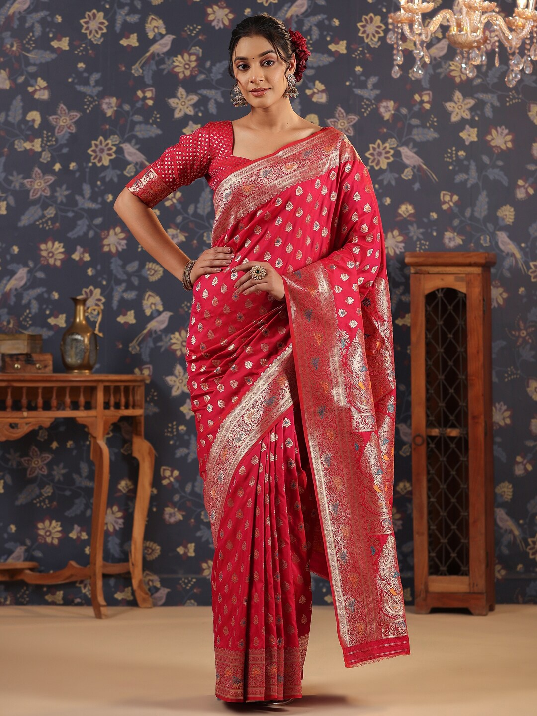 

House of Pataudi Ethnic Woven Design Banarasi Saree, Pink