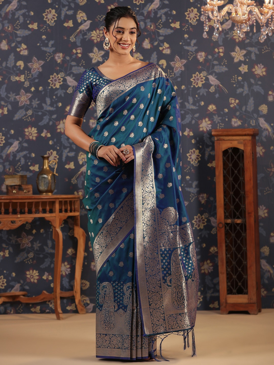

House of Pataudi Paisley Woven Design Banarasi Saree, Turquoise blue