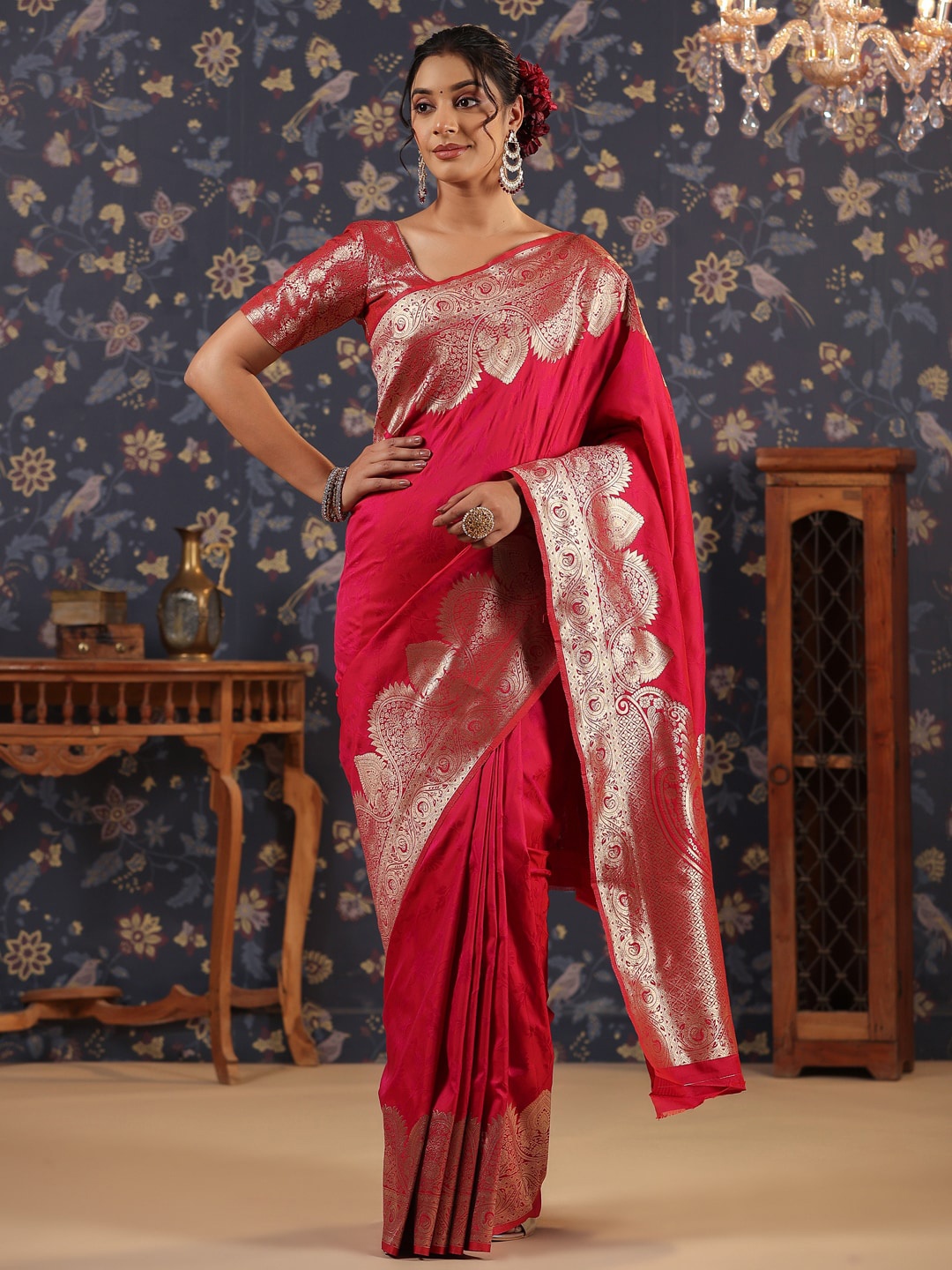 

House of Pataudi Ethnic Woven Design Banarasi Saree, Pink