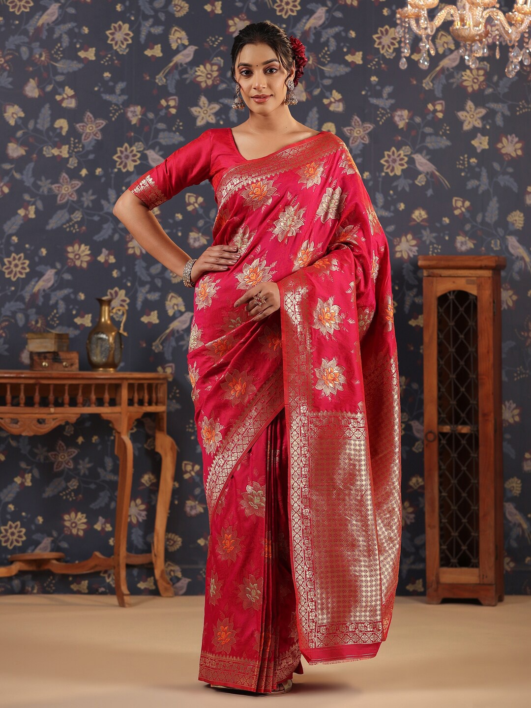 

House of Pataudi Floral Woven Design Banarasi Saree, Pink