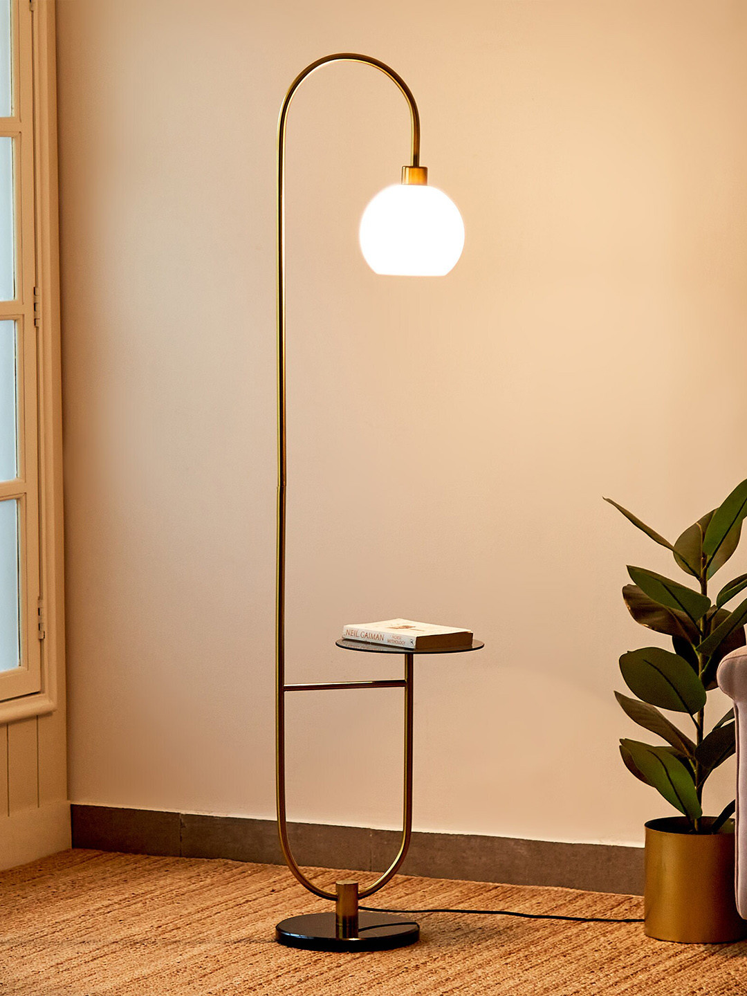 

Home Centre Melody Shellacs Yellow & White Spherical Metal Floor Lamp With Shelf, Gold
