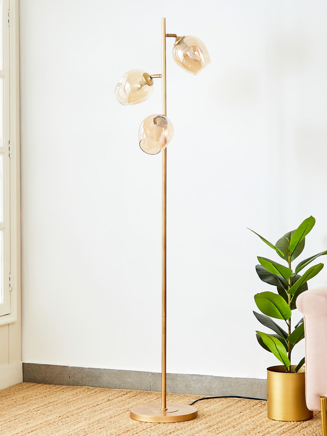 

Home Centre Melody Shellacs Yellow Spherical Metal Floor Lamp, Gold