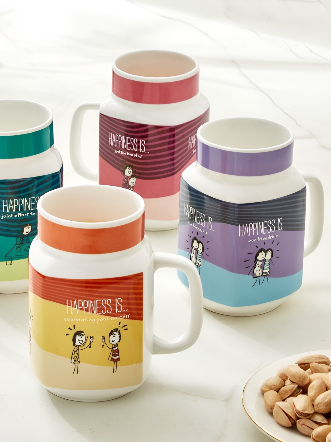 

Home Centre White & Green 4 Pieces Melina Happiness Cooper Printed Glossy Mugs 560 ml