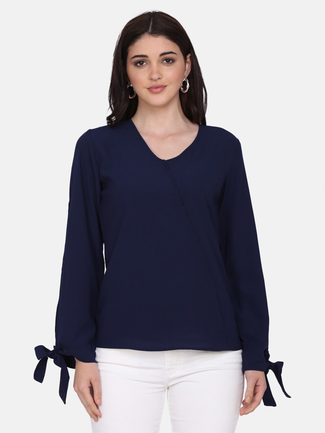 

DELAN V-Neck Long Sleeves Crepe Top, Navy blue